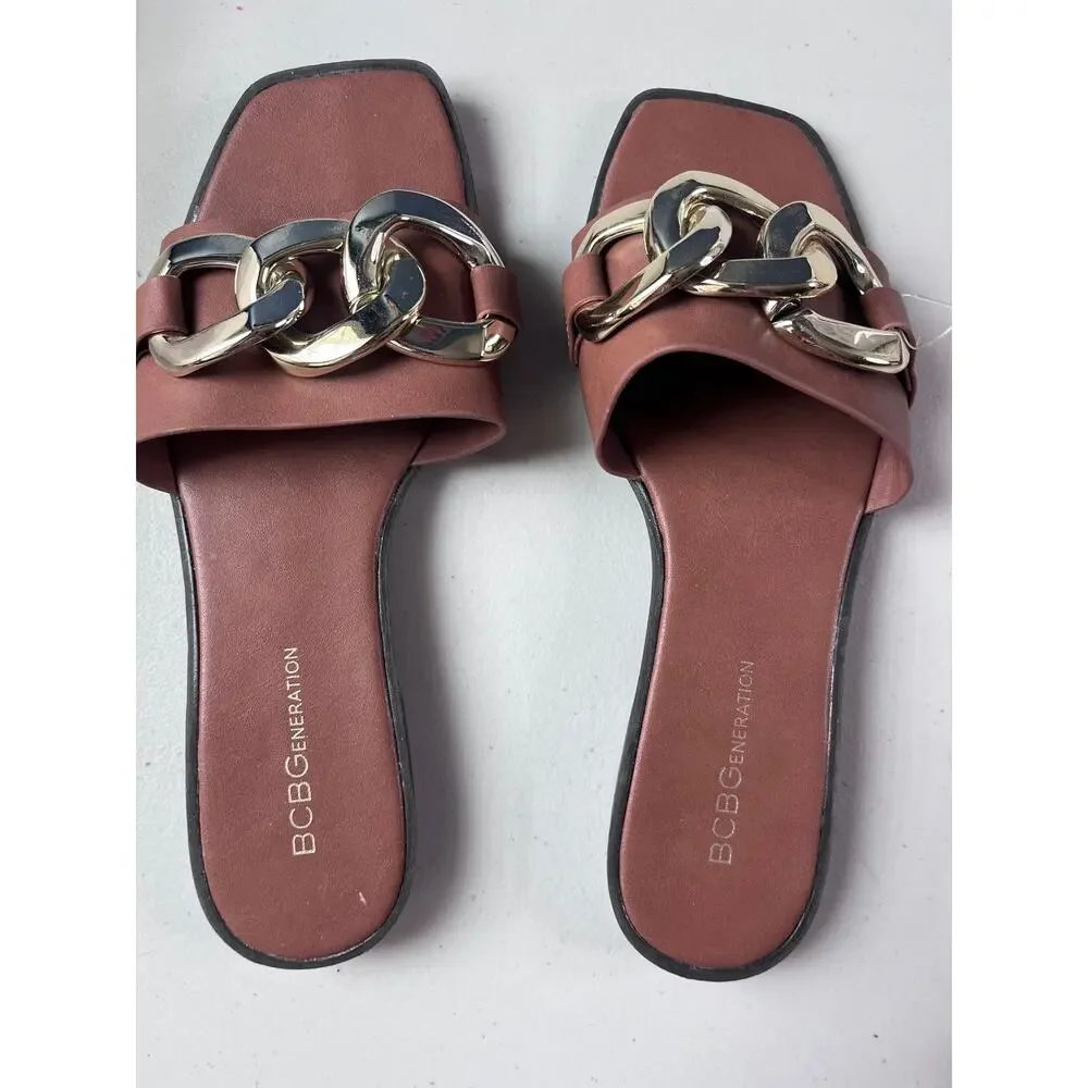 BCBGeneration Larisa Brown Slide Sandals Gold Chain Detail Women’s Size 8.5 NWOT